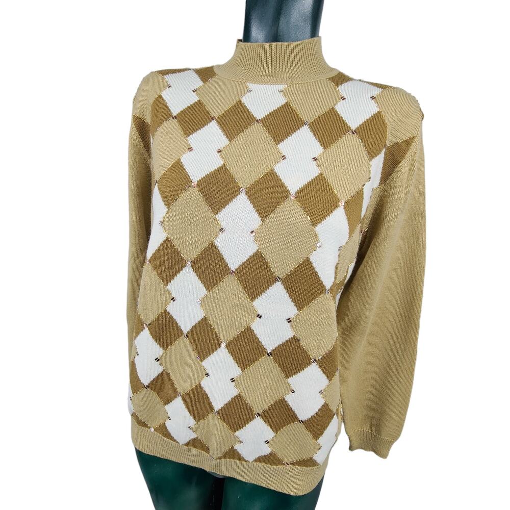 Vintage Argyle Diamond Mock Neck Tan Knit Sweater Preppy Oversize Size S 1861
